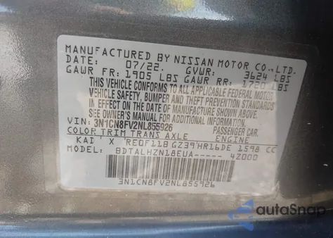 2022 Nissan Versa 1.6 Sr Xtronic Cvt z USA, uszkodzony, nr VIN 3N1CN8FV2NL855926